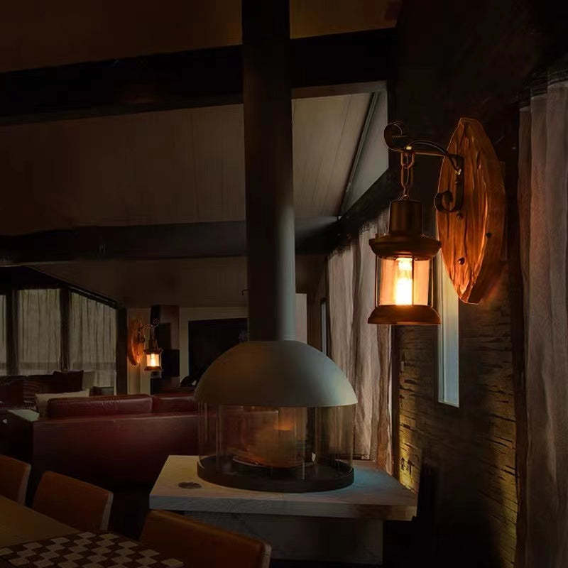 Alessio Retro Lantern LED Wandlampen Zwart Bronze Metaal Hout Slaapkamer