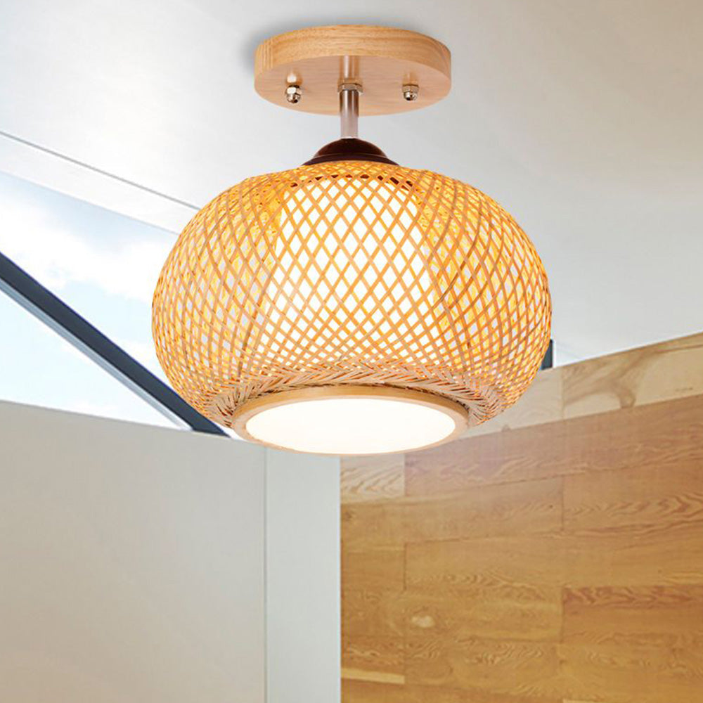 Muto Retro Lantaarnvorm LED Plafondlamp Geel Bamboe/PVC Slaapkamer/Woonkamer
