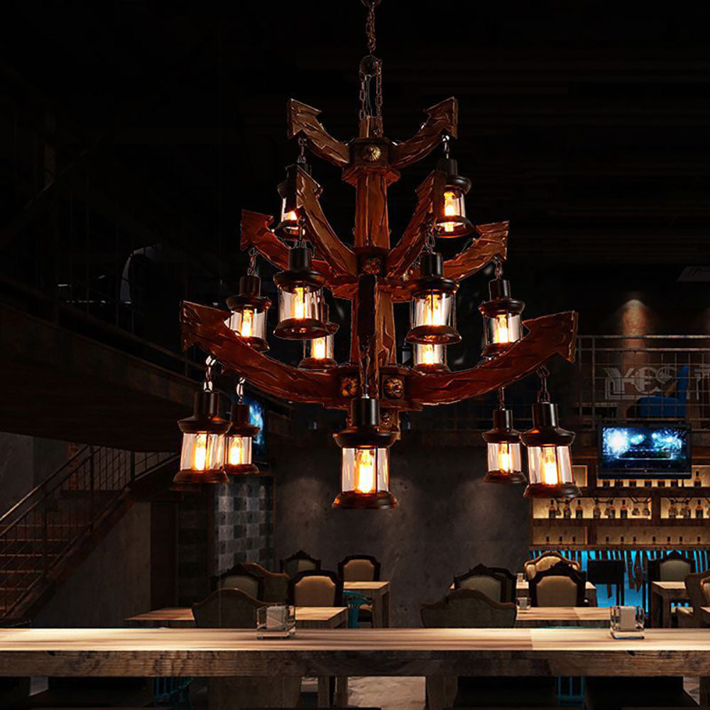 Austin Retro 14 Lantern Wood/Metal Chandelier
