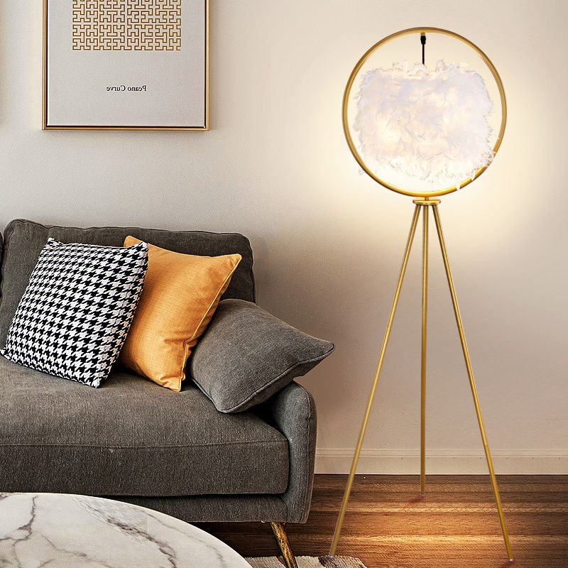 O'Moore Moderne Design Elegante Veren Ring Driepoot Vloerlamp Zwart/Goud Metaal/Stof Slaapkamer/Woonkamer