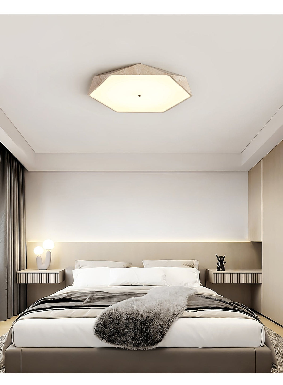 Hexagonale plafondlamp in geel travertin