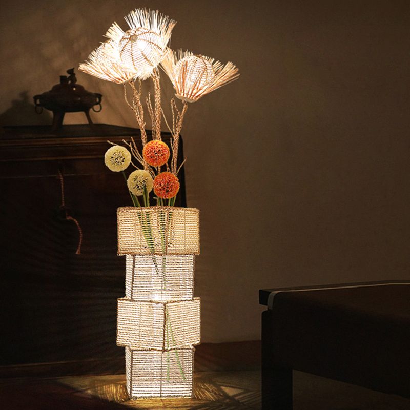 Ritta Retro Rond/Rechthoek/Vierkant Vaas LED Vloerlamp Metaal/Rotan Wit/Bruin Eetkamer