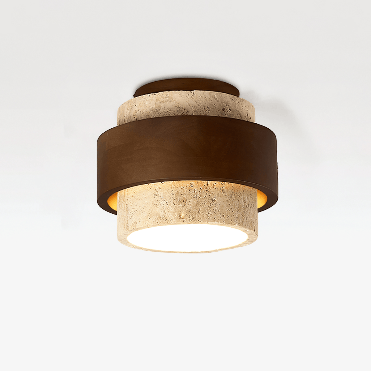 Perra plafondlamp met geconcentreerde ringen van travertin en donker walnoot