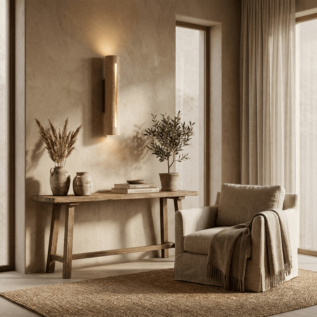 Orvane wandlamp van travertin en walnoothout