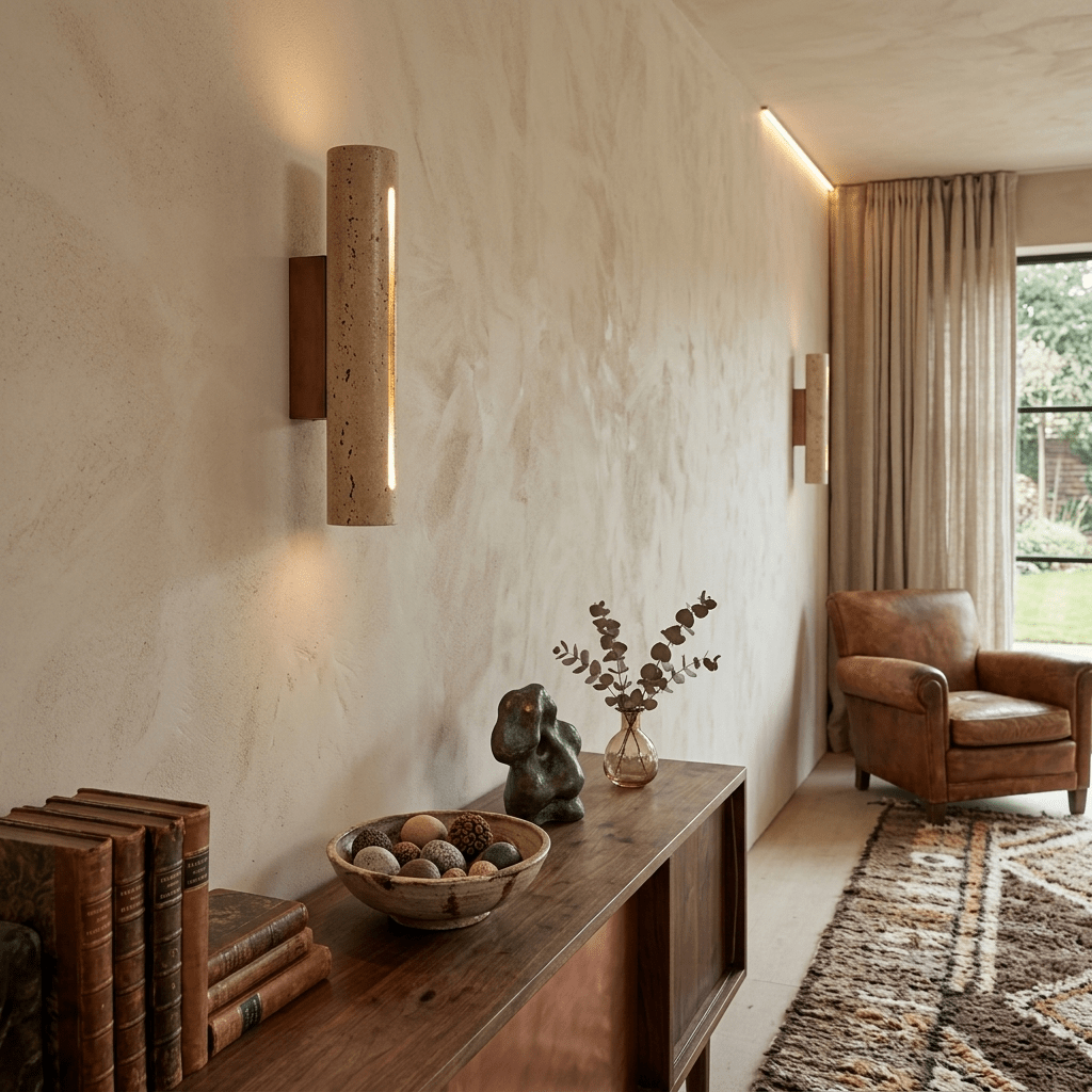 Orvane wandlamp van travertin en walnoothout
