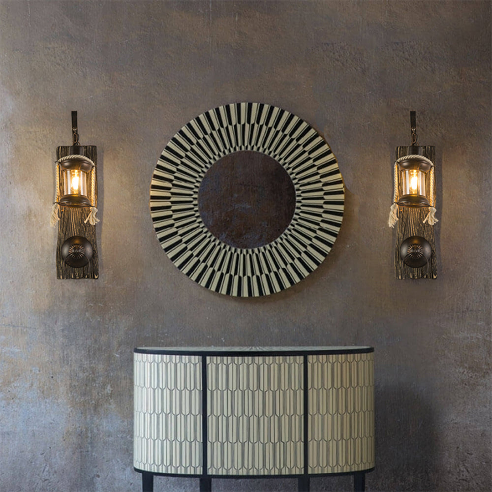 Alessio Wall Lamp Retro Lantern Ring Black Wooden, Bedroom