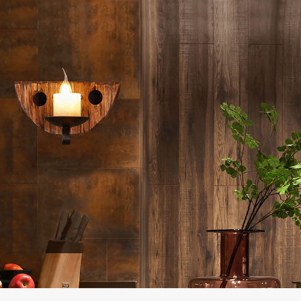 Austin Vintage Kaars Halfronde Wandlamp, Hout/Metaal, Woonk/Eetk/ Slaapkamer