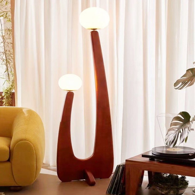 Avi Vintage Houten/Glazen Vloerlamp, 2 kops, Slaapk/Kinderk/Woonkamer