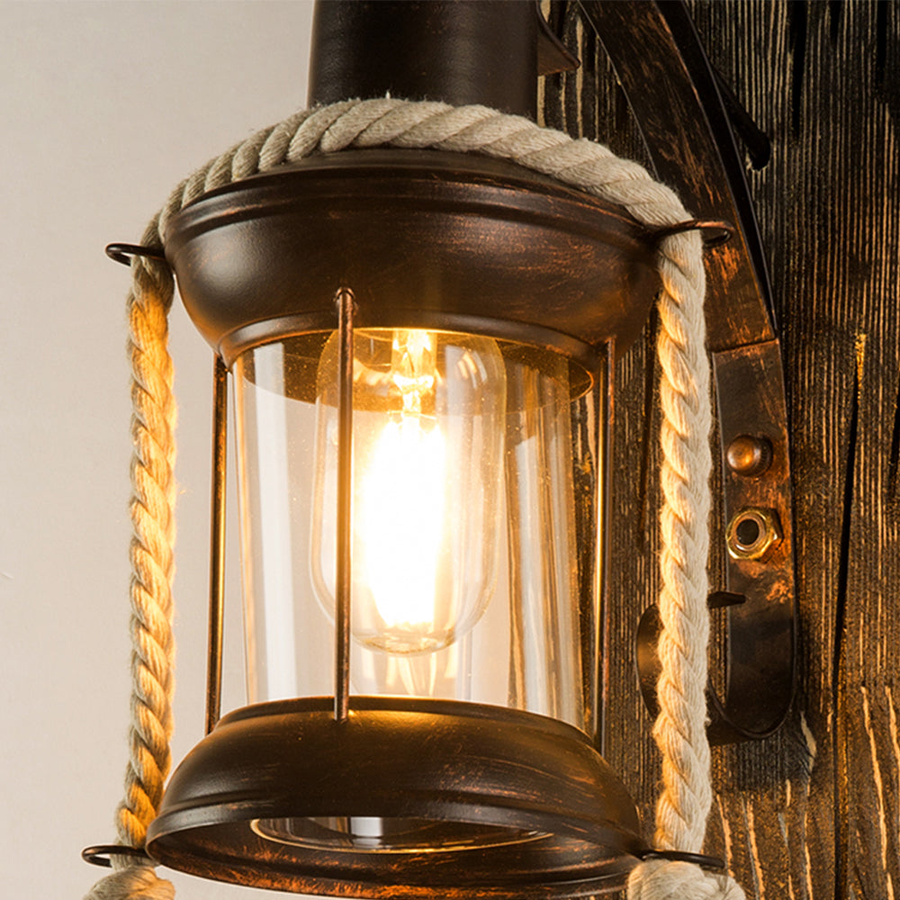 Alessio Wall Lamp Retro Lantern Ring Black Wooden, Bedroom