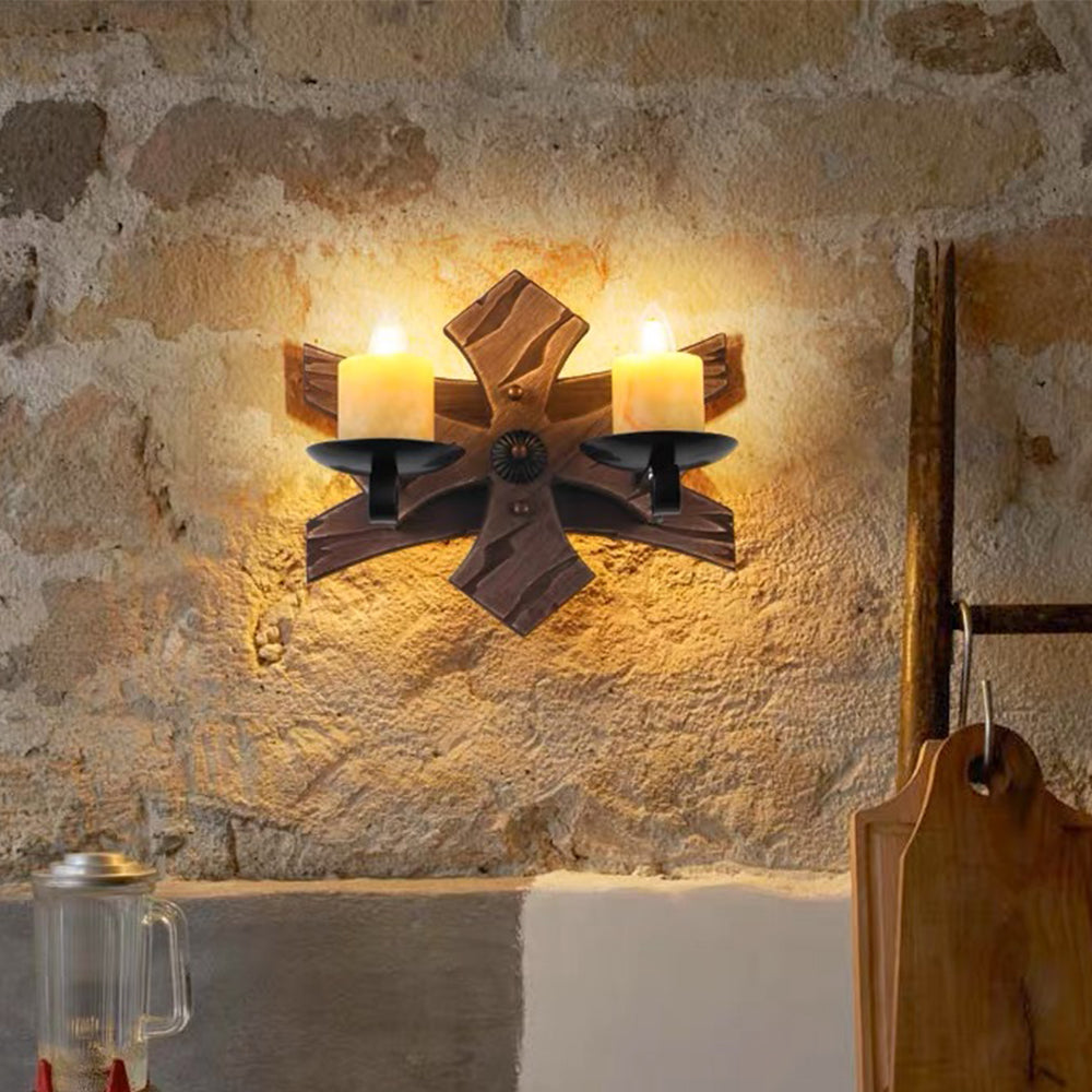 Austin Decoratief Vintage Kaars Dubbel Licht Hout Wandlamp, Woonk/Eetk/ Slaapkamer