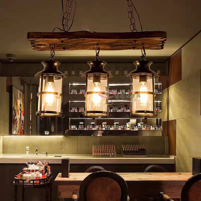 Austin Retro Design Hanglamp 3 Lantaarns Lineair Hout/Metaal, Kroonluchter, Woonk/Slaapkamer