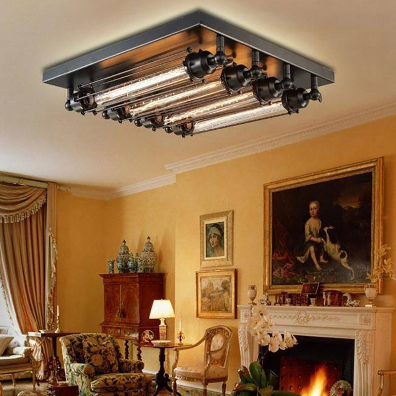Alessio Vintage Tubed Metal Flush Mount Ceiling Light, Black, Living Room