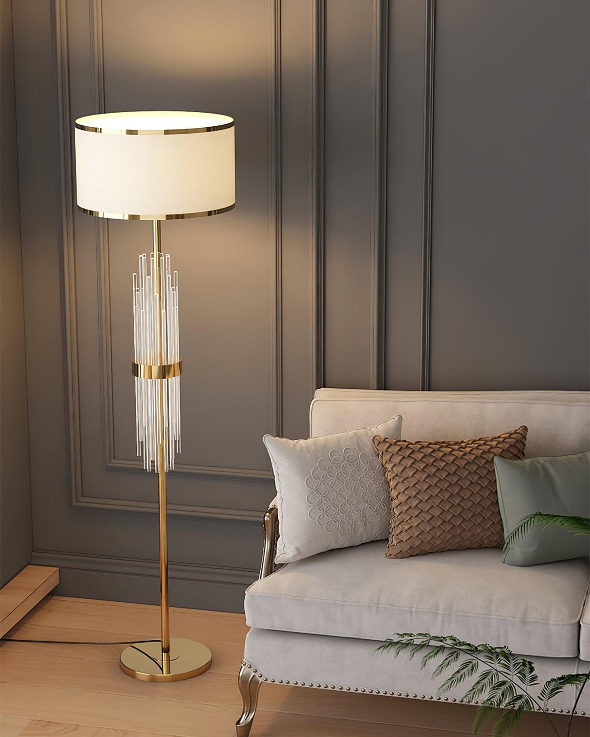 Regalian eigentijdse vloerlamp van textiel in goudkleurige afwerking