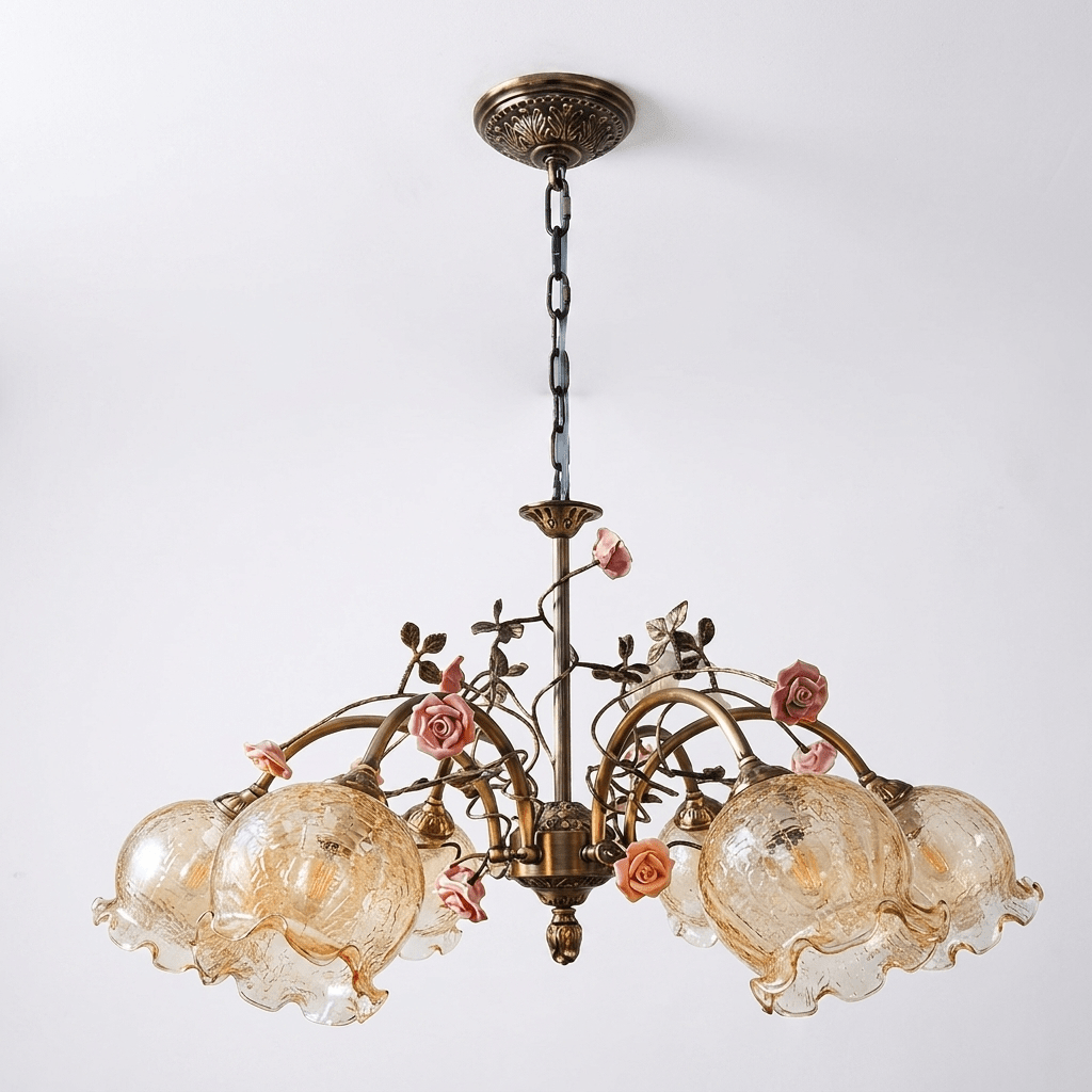 Rosavelle messing kroonluchter met roze keramische rozen