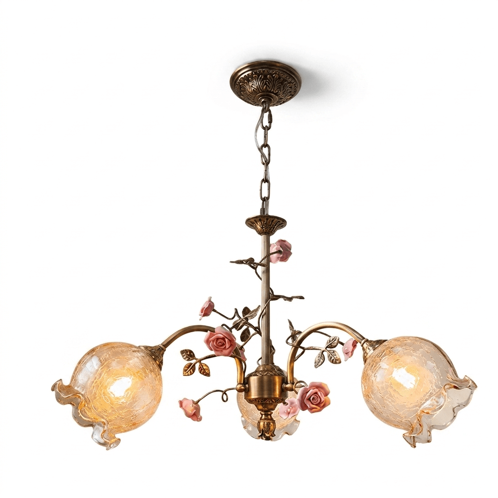 Rosavelle messing kroonluchter met roze keramische rozen