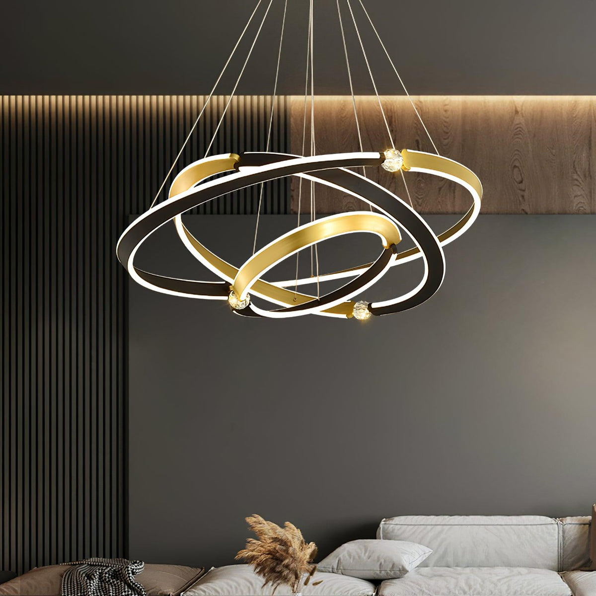 Elyerora kroonluchter kristal zwart goud LED ring modern voor eetkamer