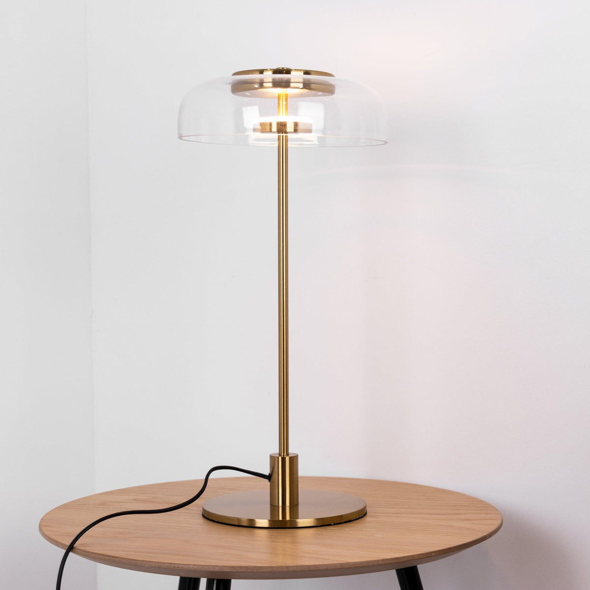 Rinelette tafellamp heldere glazen kap houten voet