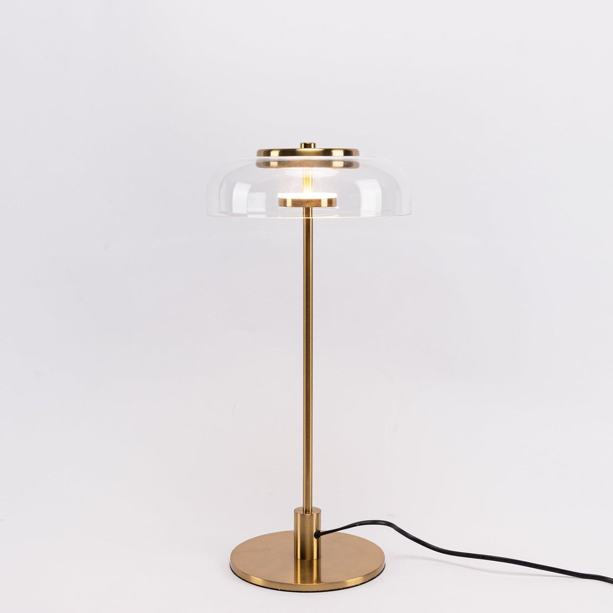 Rinelette tafellamp heldere glazen kap houten voet