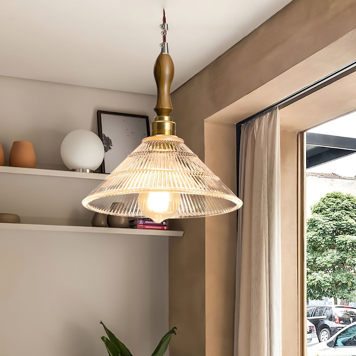 Arcara Vintage Ripple glas Hout hanglamp
