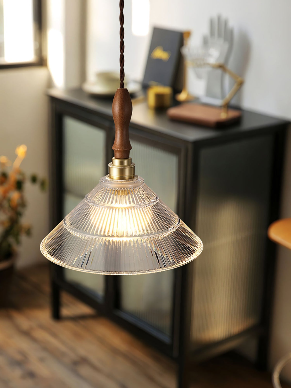 Arcara Vintage Ripple glas Hout hanglamp