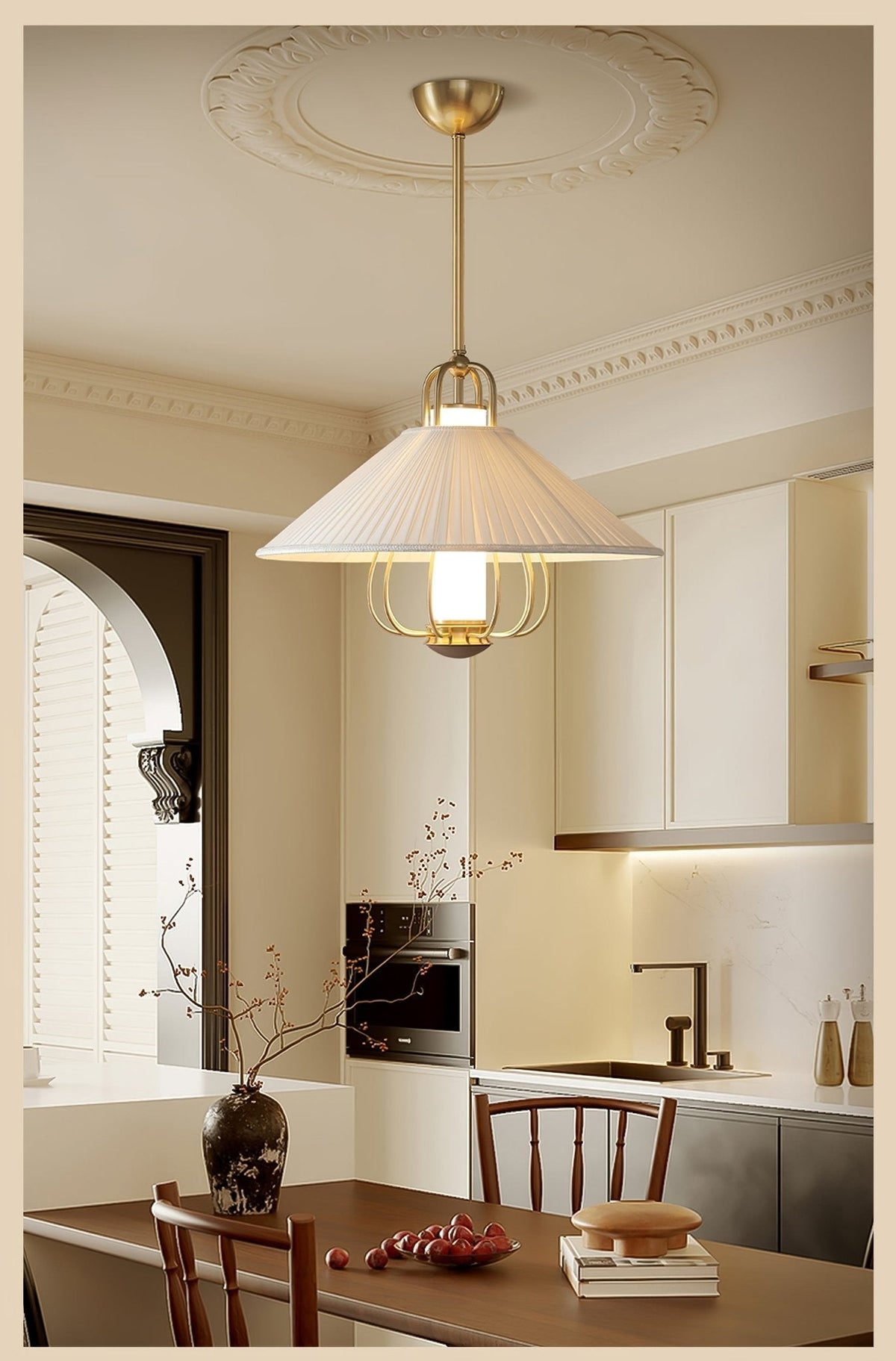Solisiella hanglamp stof goud LED voor eetkamer