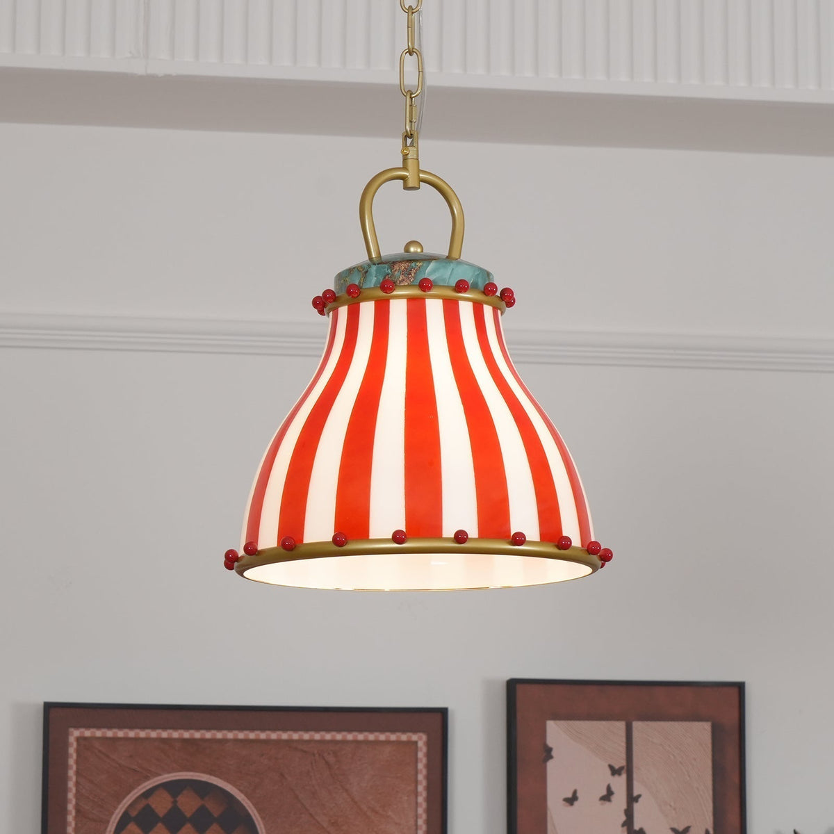 Red en witte strepen glazen hanglamp