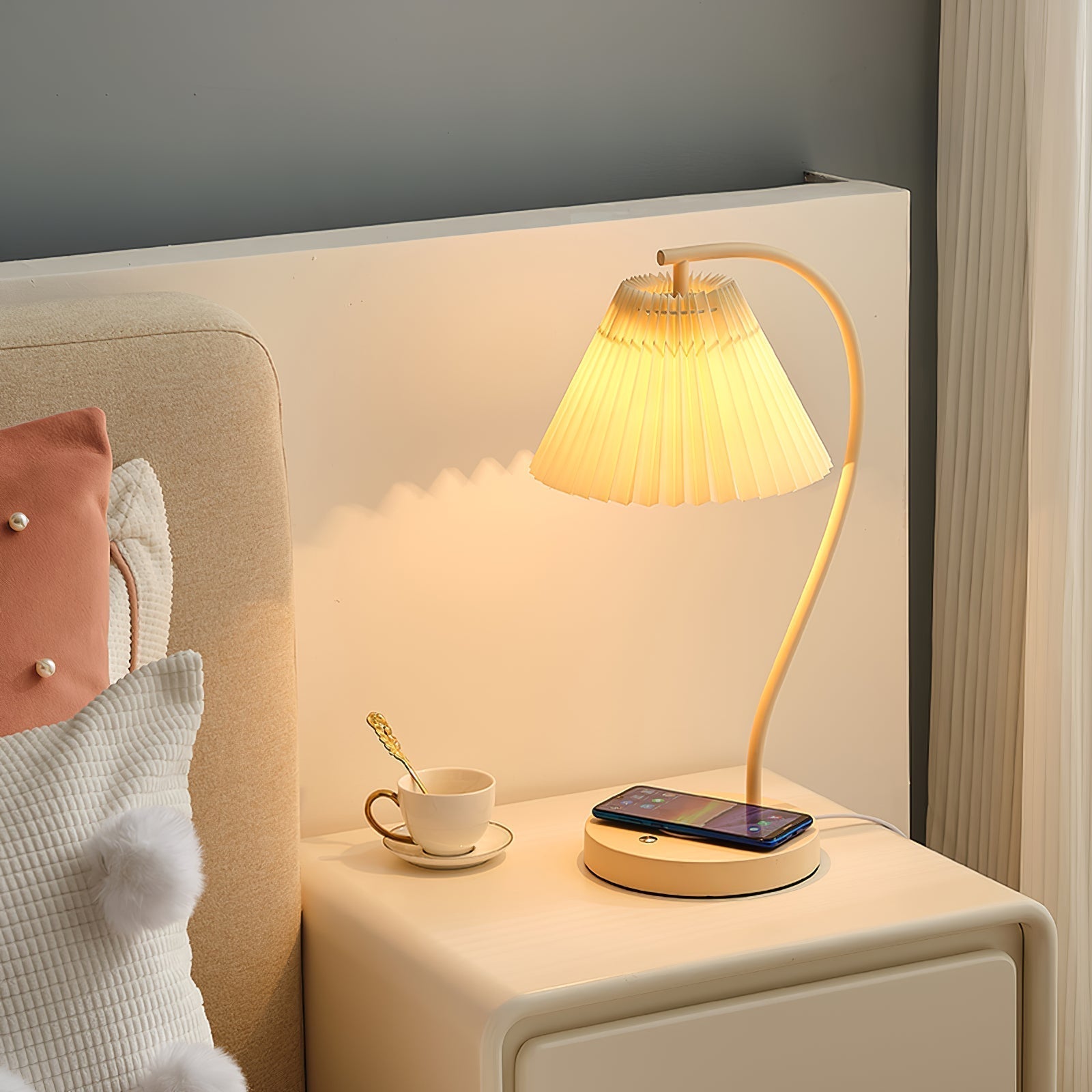 Sano Moderne Scandinavische Gebogen Keramiek/Stof Metaal Tafellamp Wit/Beige Slaapkamer/Woonkamer