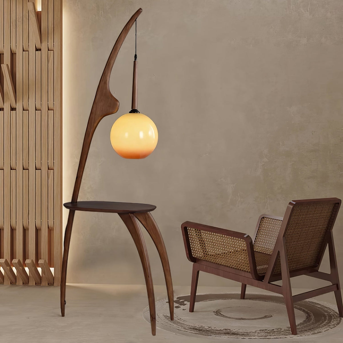 Selisora vloerlamp met gebogen mantisarm in walnootkleur