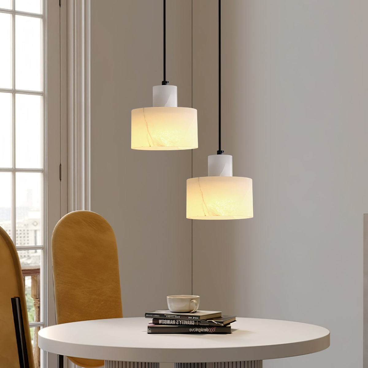 Moderne hanglamp van albast met dubbele cilindervorm
