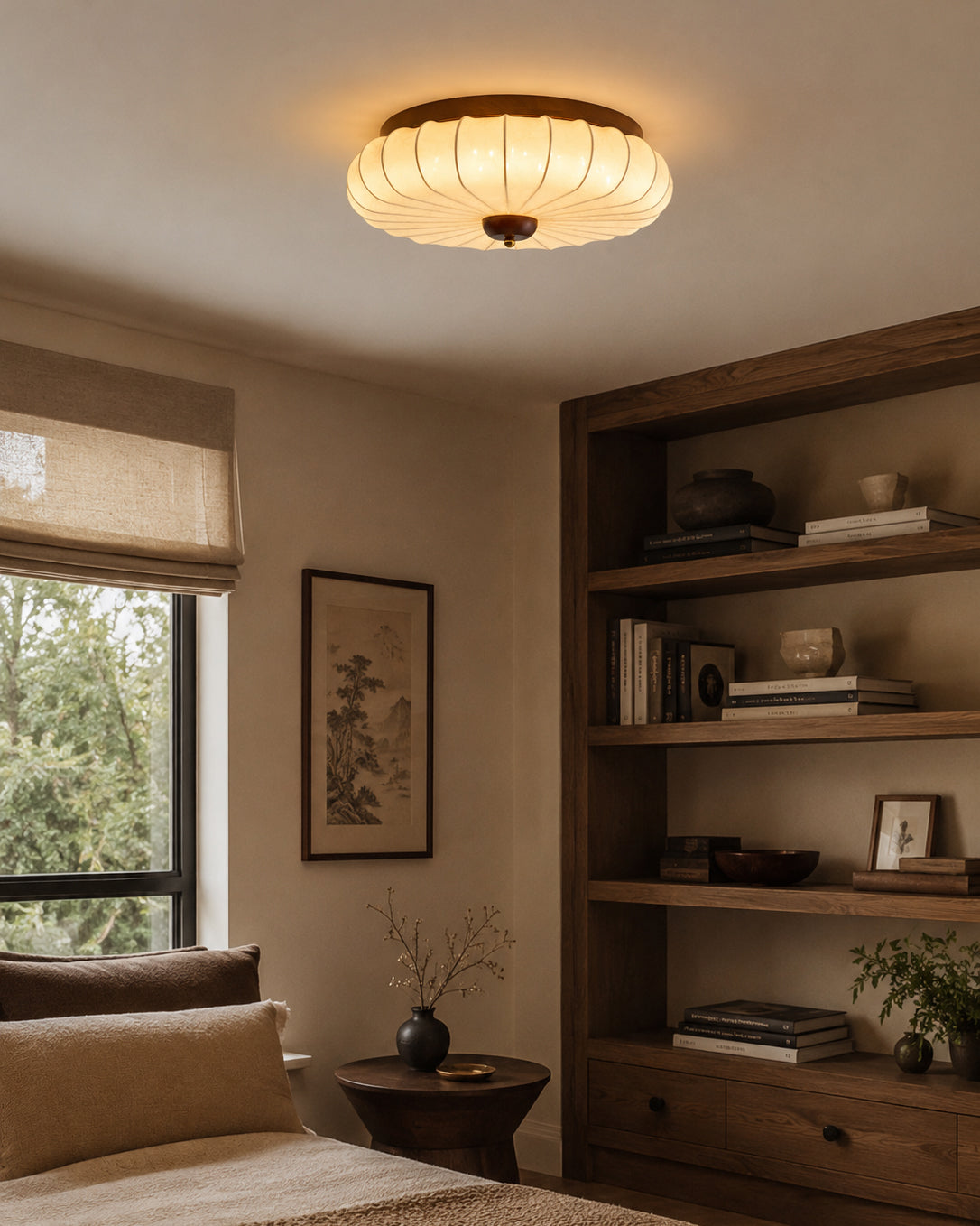 Miroraine vlakke plafondlamp walnootkleurige afwerking beige stoffen kap