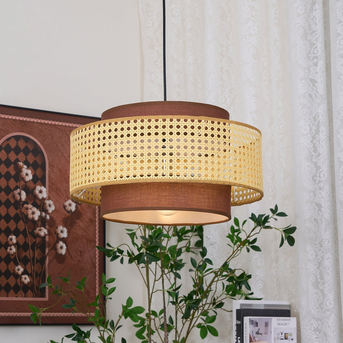 Zerither rotan hanglamp met stoffen kap