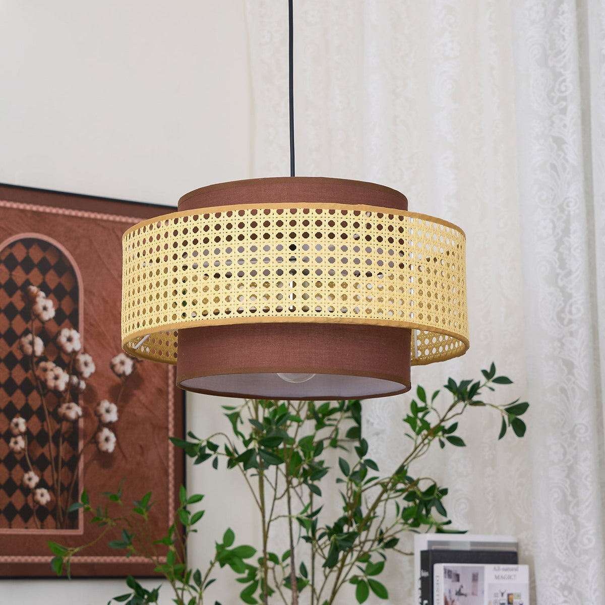 Zerither rotan hanglamp met stoffen kap