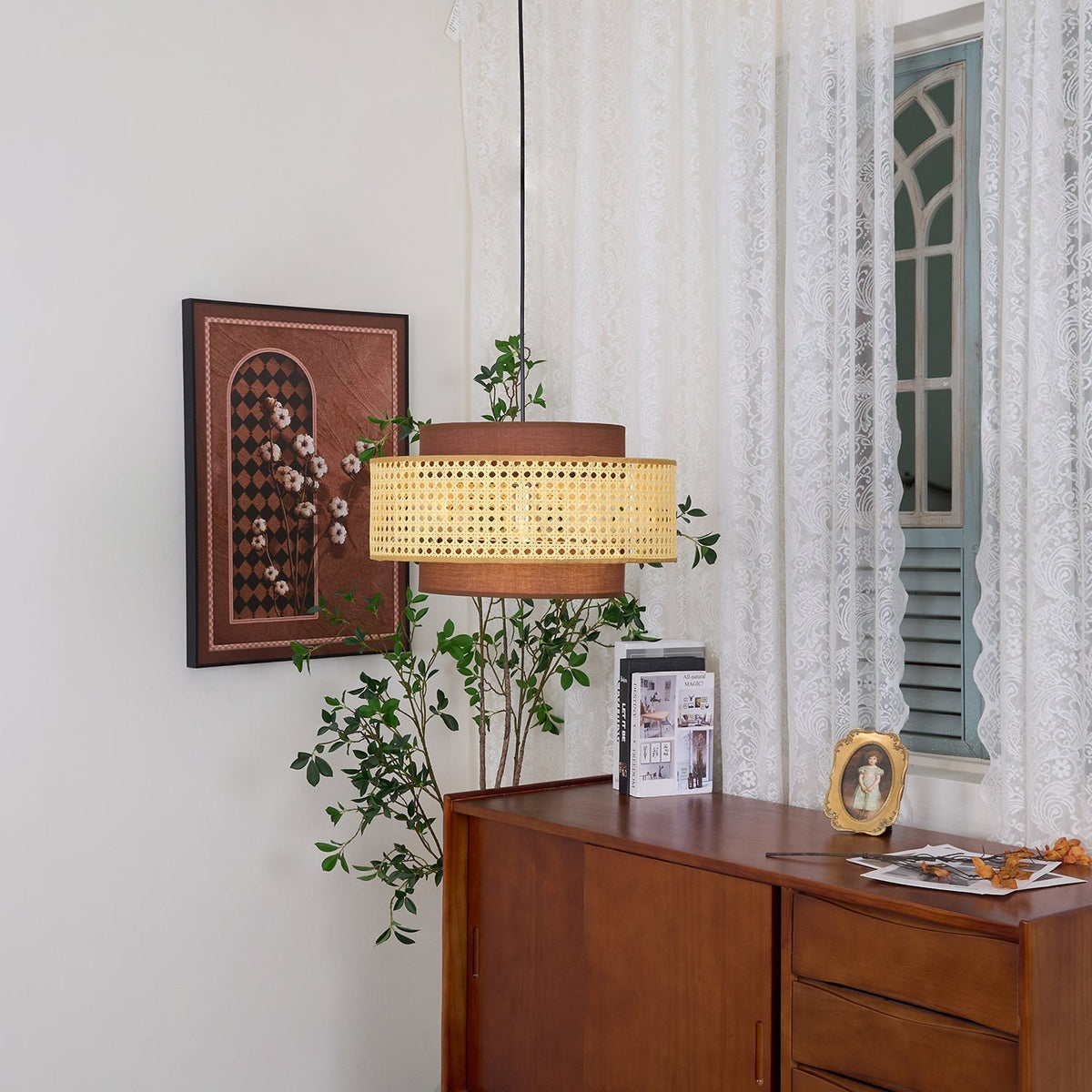 Zerither rotan hanglamp met stoffen kap