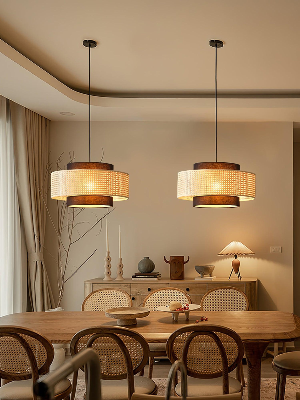 Zerither rotan hanglamp met stoffen kap