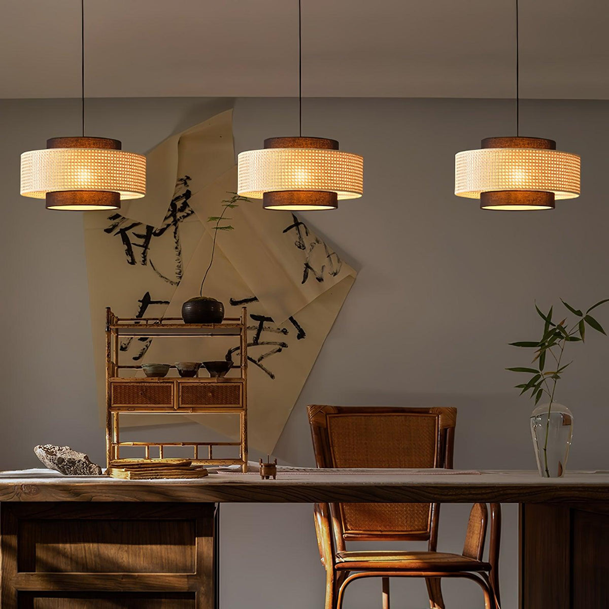 Zerither rotan hanglamp met stoffen kap
