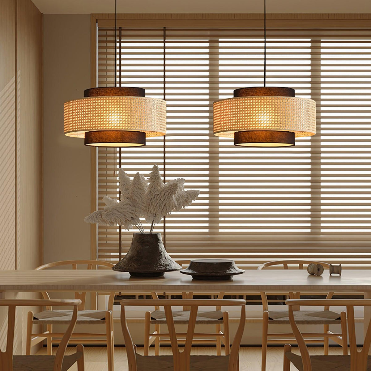 Zerither rotan hanglamp met stoffen kap