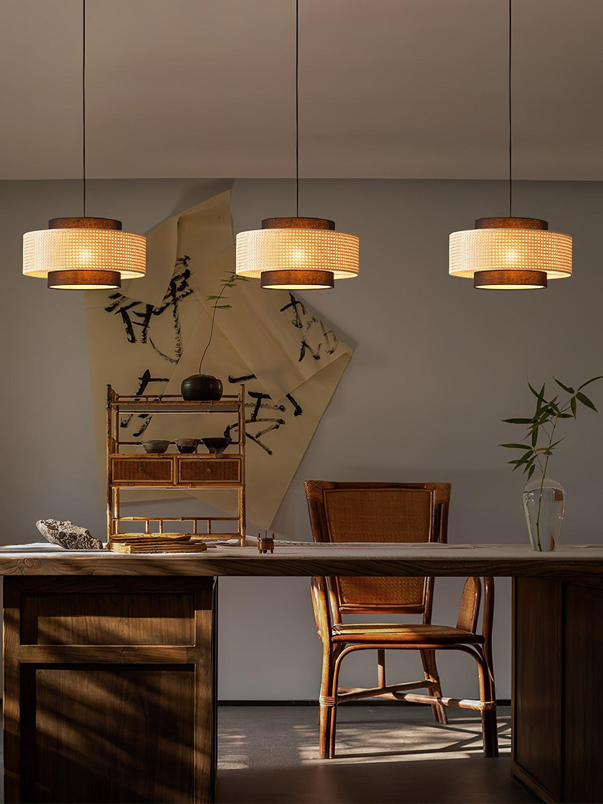 Zerither rotan hanglamp met stoffen kap