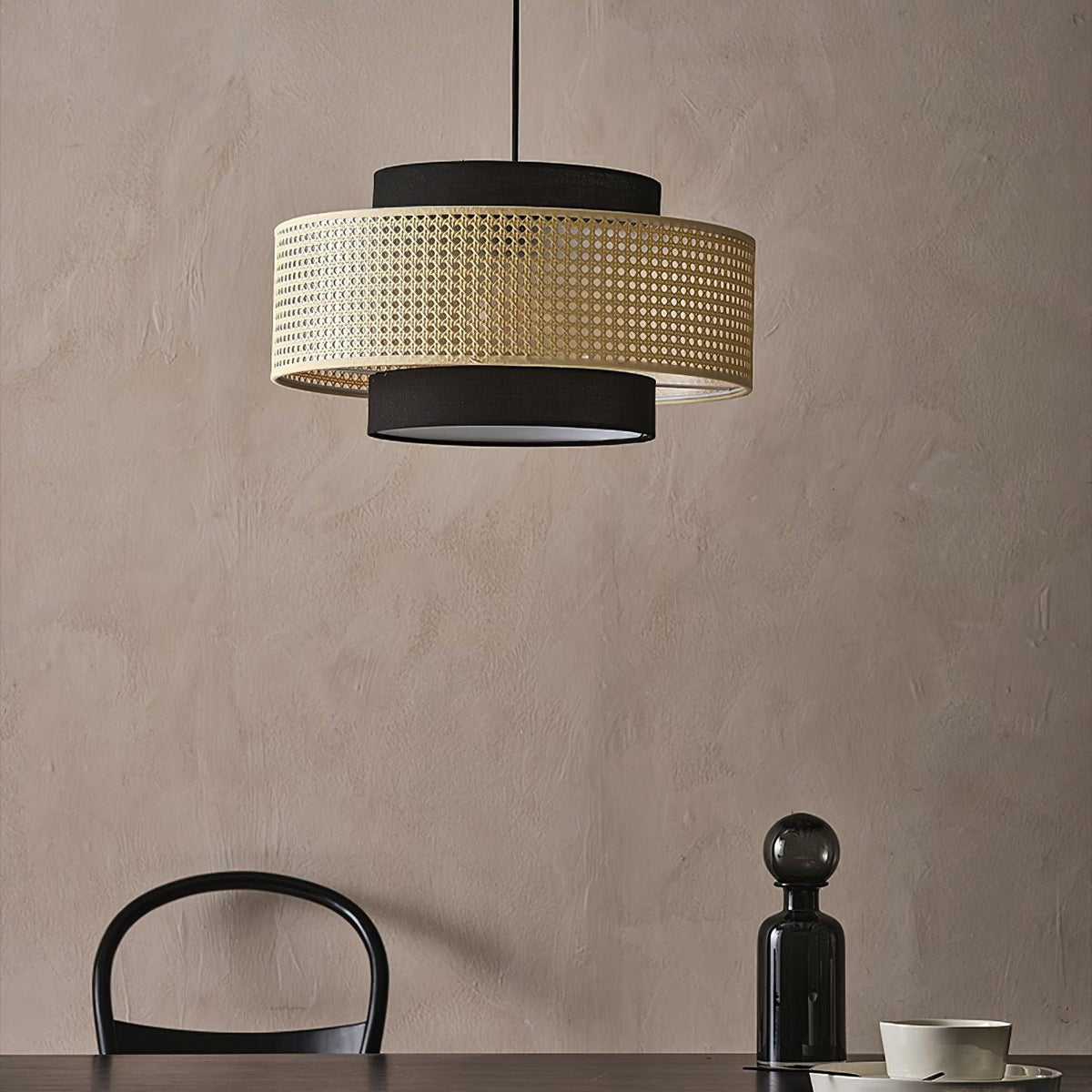 Zerither rotan hanglamp met stoffen kap