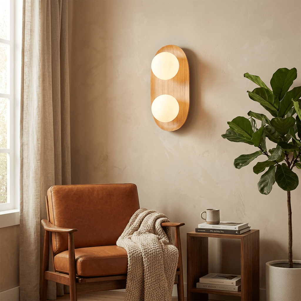 Twin Orb wandlamp met eiken achterplaat