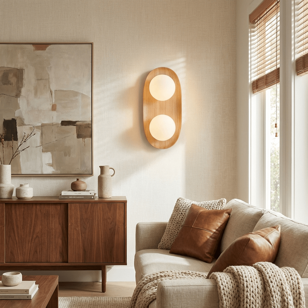 Twin Orb wandlamp met eiken achterplaat