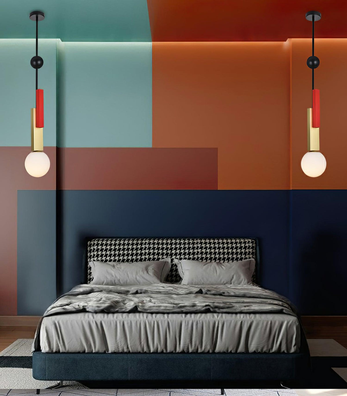 Veveny hanglamp met dubbele bollen en lineaire balken in geometrische stijl
