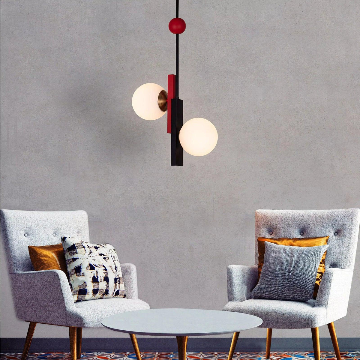 Veveny hanglamp met dubbele bollen en lineaire balken in geometrische stijl
