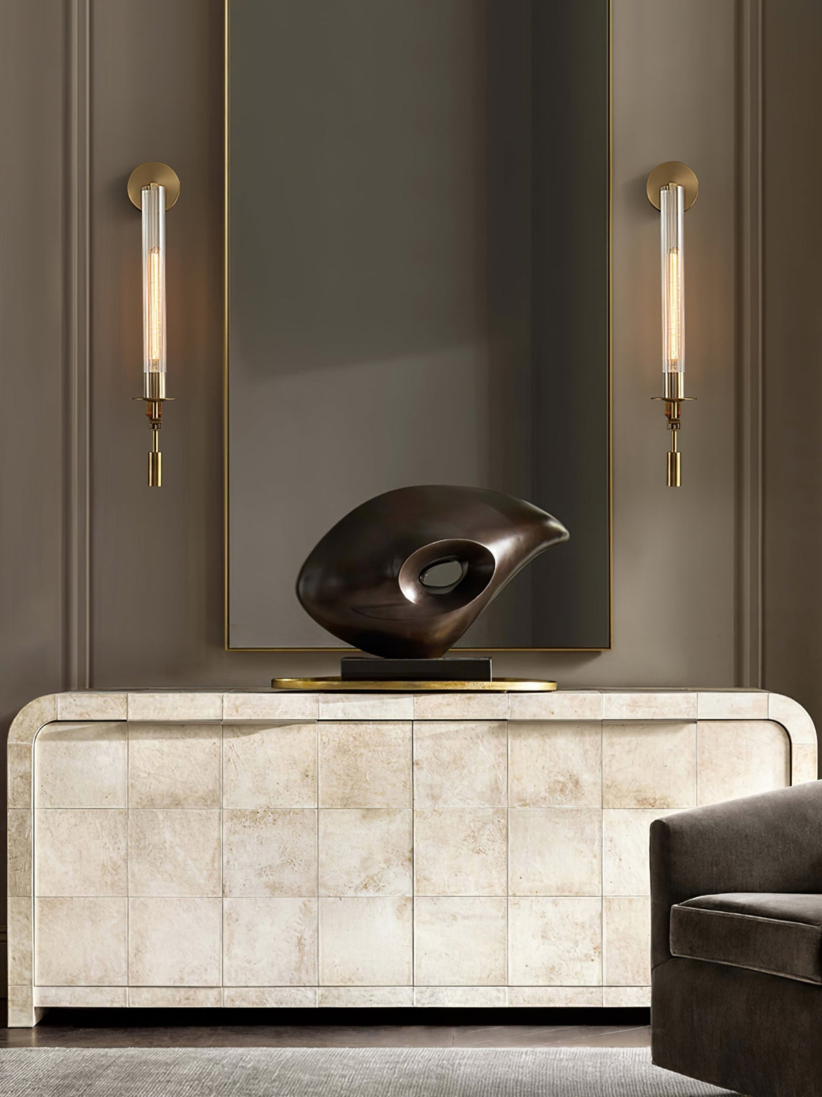 Veloora wandlamp messing Minimalistisch Geribbelde glas