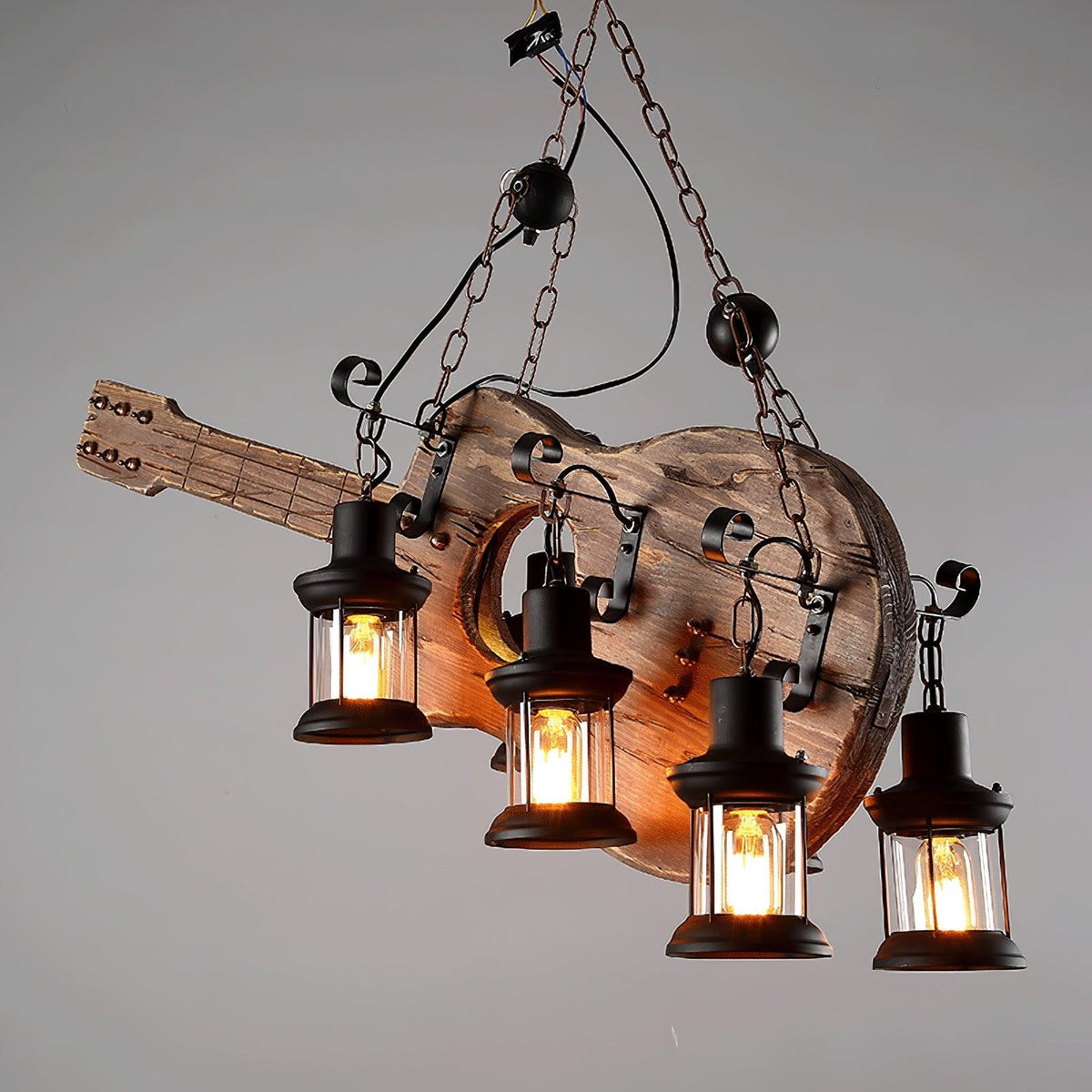 Elvisette hanglamp gitaarvorm rustiek walnoot hout vintage