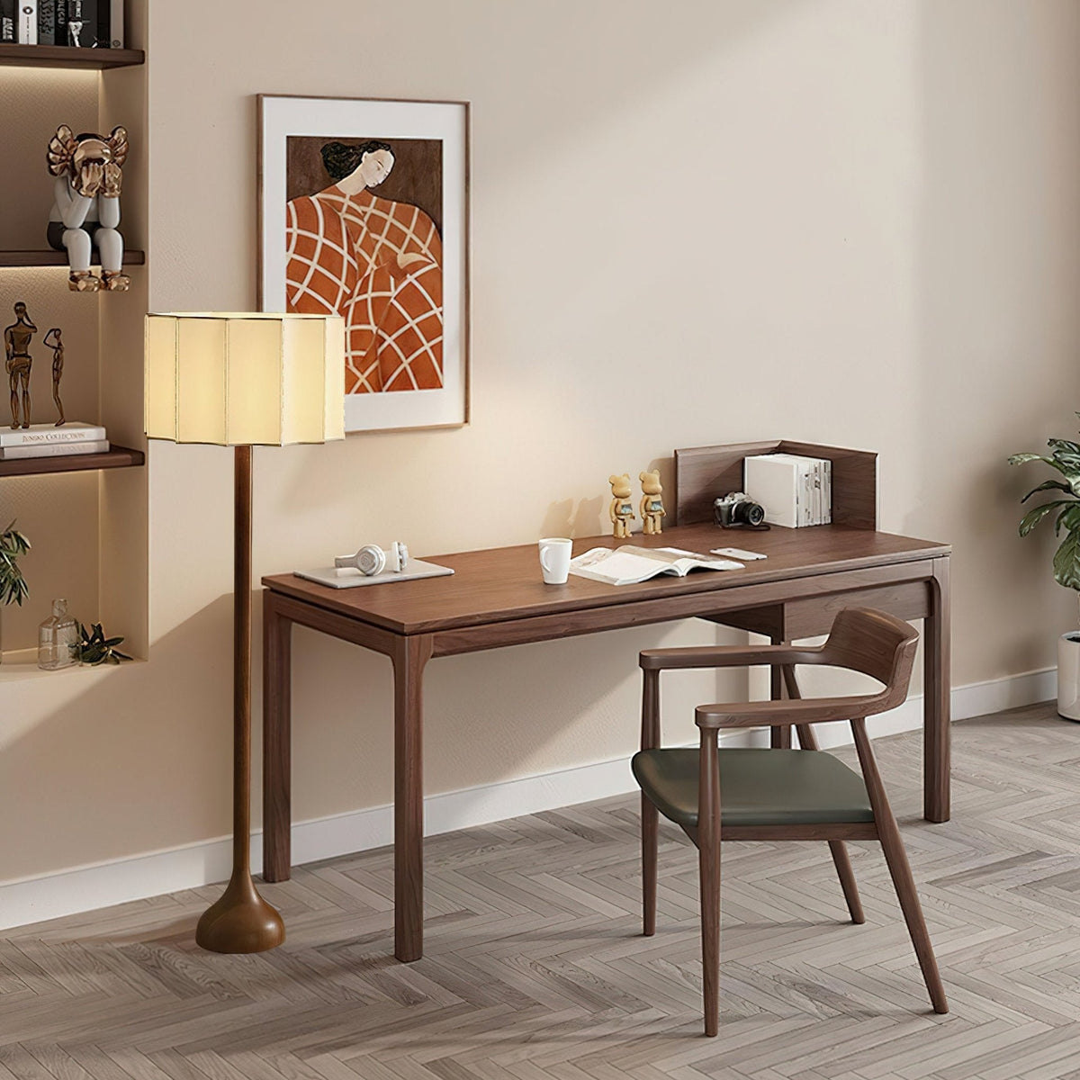 Bexi Minimalistische vloerlamp van walnoothout en beige stof