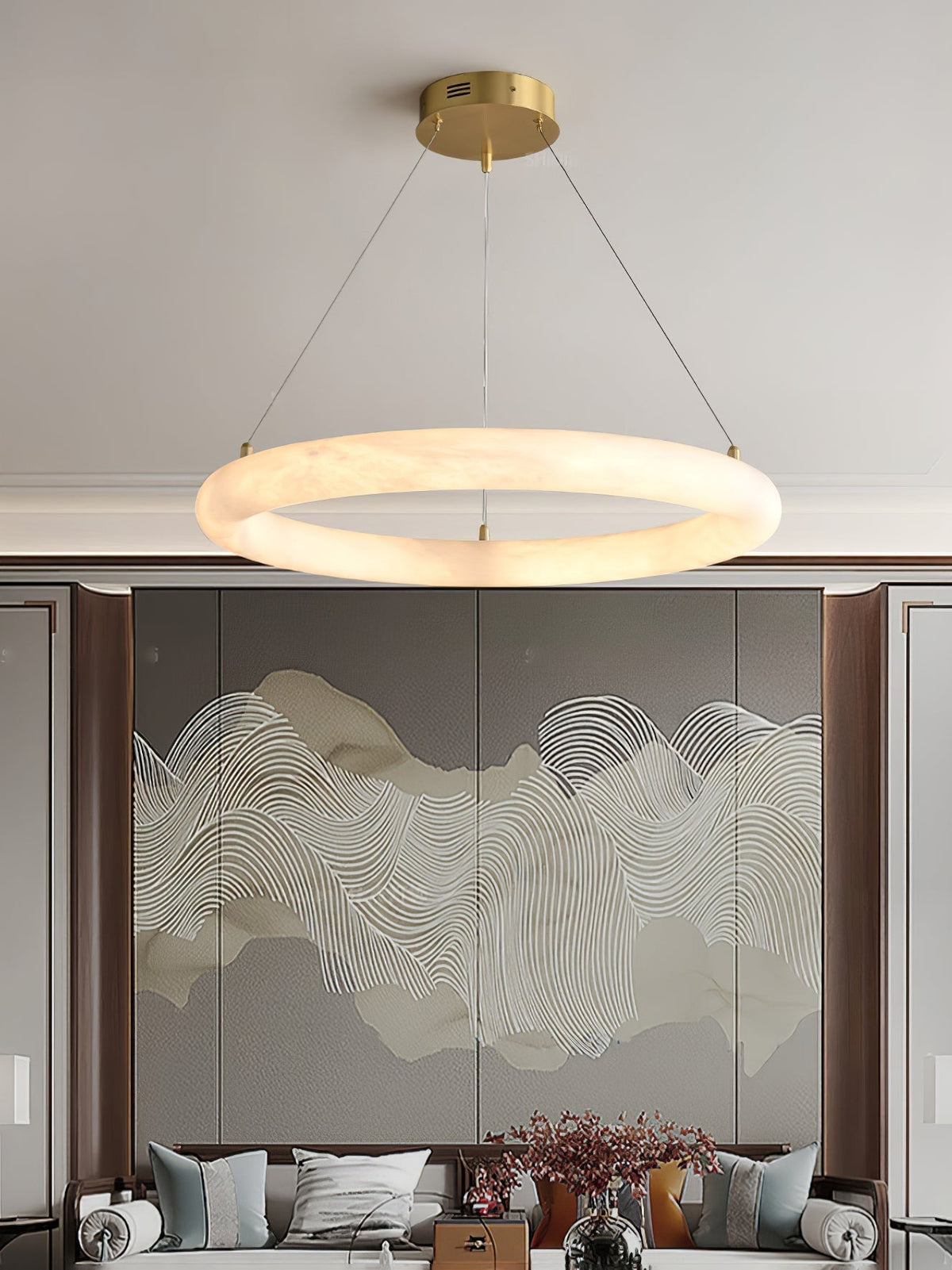 Erzorila ronde albasten hanglamp met goudkleurige accenten