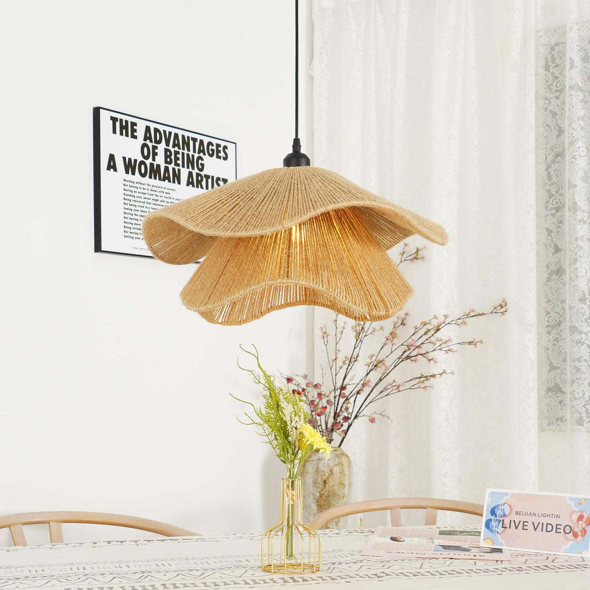 Avenaenne hanglamp handgemaakt strooien hoed dubbele laag