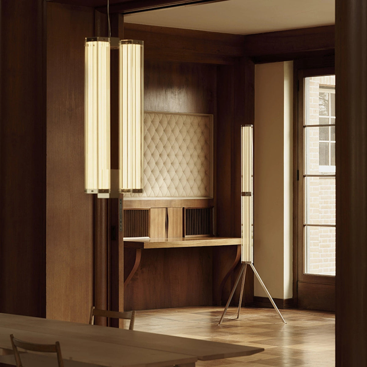 Hexagonal hanglamp van glas met chroomkader