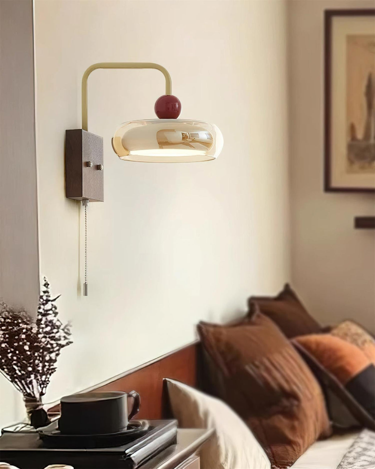 Lumiva wandlamp retro en glas van walnoothout met trekkoord