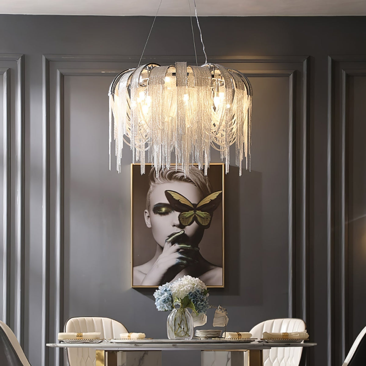 Tarien kroonluchter met gelaagde kettingen in nikklevering luxe